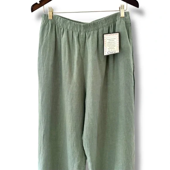NWT Click Sage Green Linen Elastic Waist Pullon Pants Lagenlook Boho Size Large - Picture 2 of 9